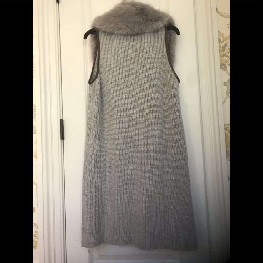 NWOT Talbots Faux Fur Collar Rib Knit Duster Length Vest in Dove Gray - Picture 2 of 6